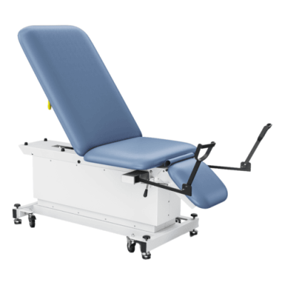 Athena Cabell 5-section exam couch with electric height adjustment, adjustable backrest & leg section, ADA-compliant low height, and anti-microbial surfaces.