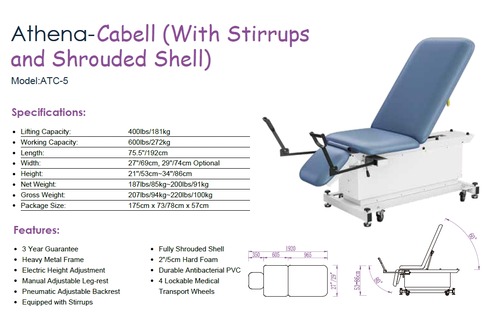 Athena Cabell 5-section exam couch with electric height adjustment, adjustable backrest & leg section, ADA-compliant low height, and anti-microbial surfaces.